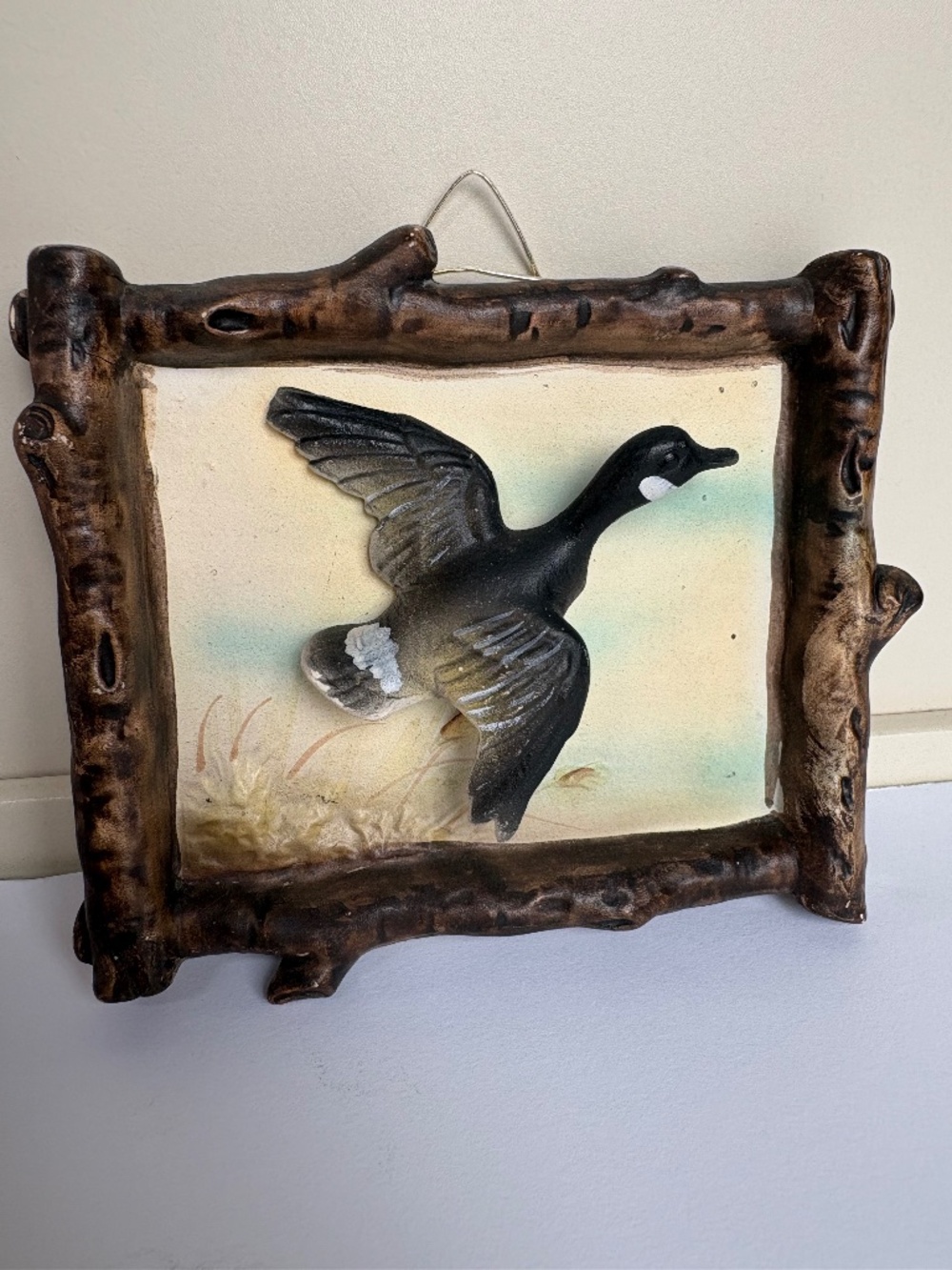 Vintage MCM 3D Ceramic Canada Goose Hand-painted Framed Hanging - Norcrest